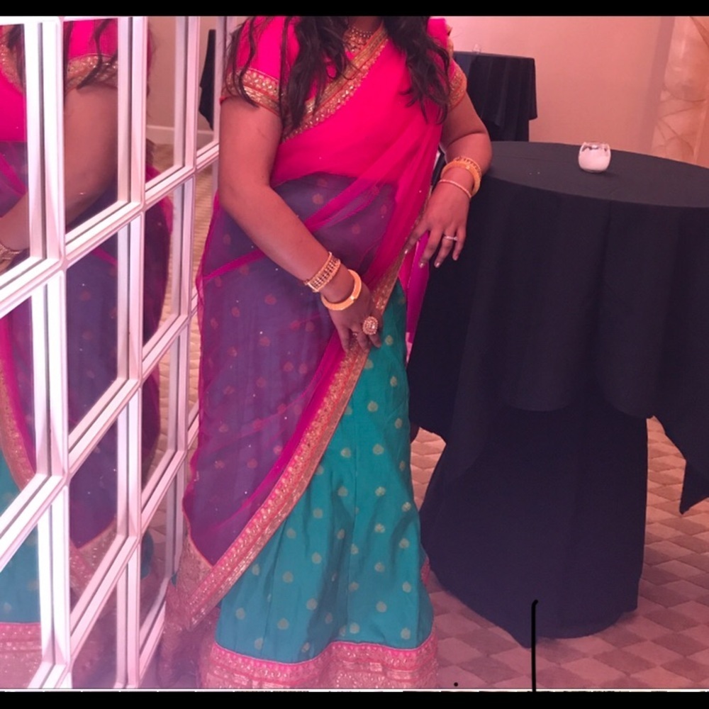 Pink and teal lengha